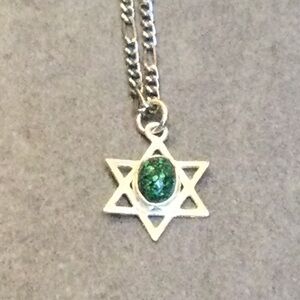 925 Star of David pendant with green stone in center and 9” necklace
